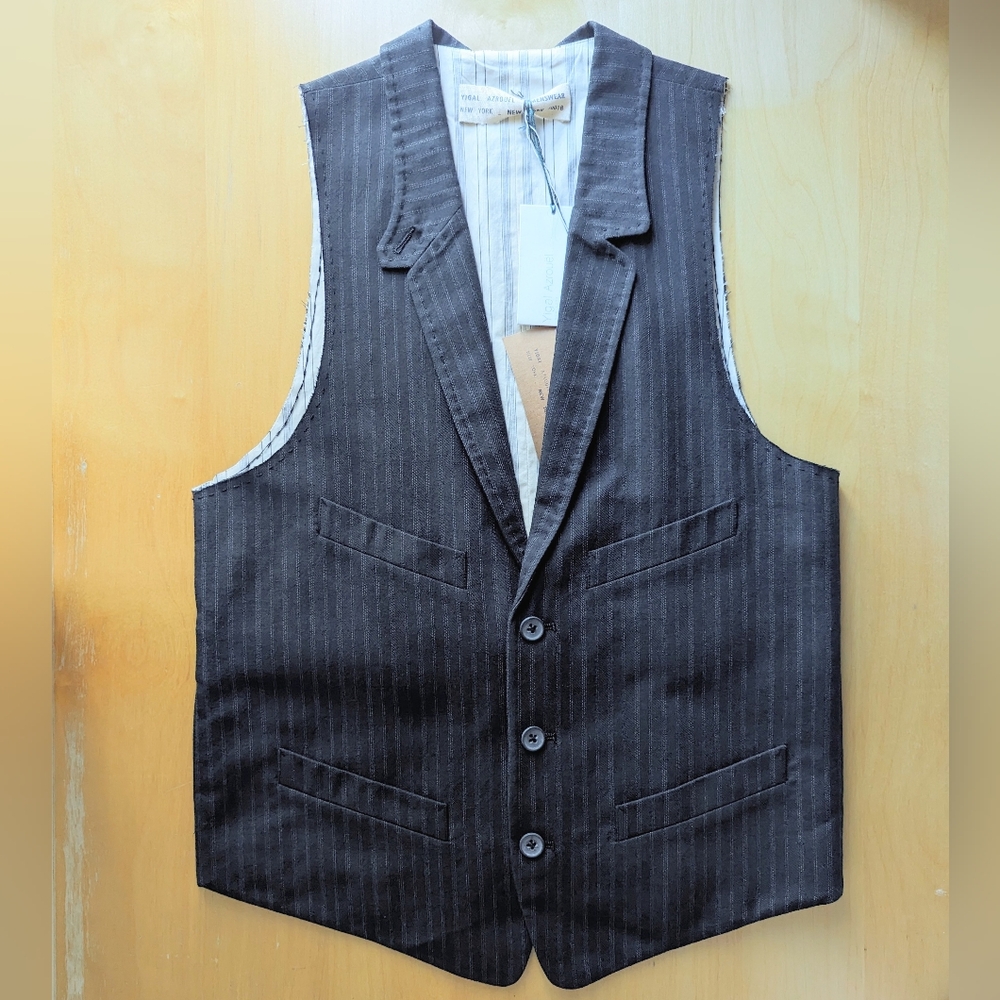 Yigal Azrouel Black Pinstripe Vest with Ivory Regency Stripe Lining Men's USA S